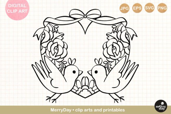 Birds with Decorative Heart Line Art Graphics
